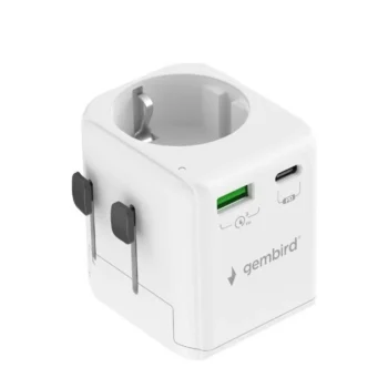 Adapter zasilania Gembird gniazdo EU - wtyk World z ładowarką 1 x USB-C, 1 x USB-A, 20W, GaN, biały