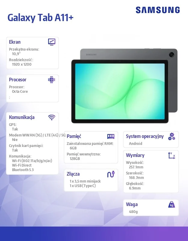 Tablet Samsung Galaxy Tab A11+ 11" 6 GB / 128 GB szary